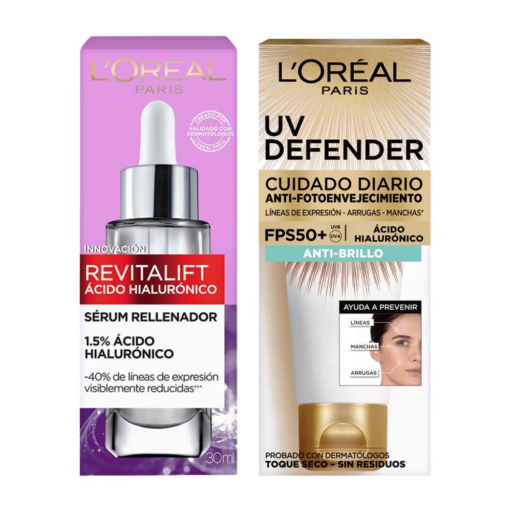 LOREAL Pack Serum Acido Hialurónico+Uv Defender Antibrillo